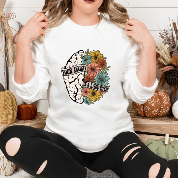 Anxiety is a liar mental health graphic crewneck sweatshirt oversized large - Picture 2 of 9